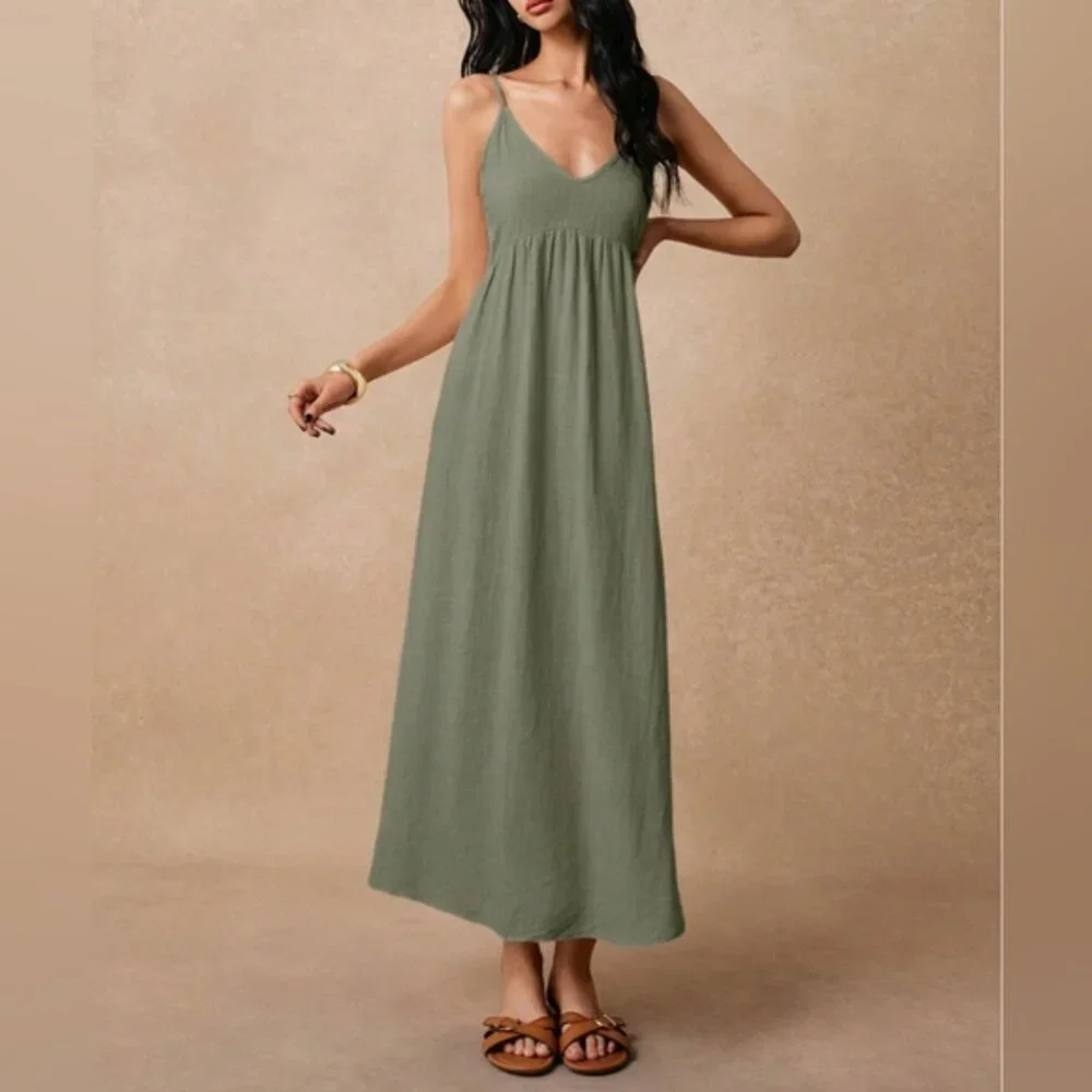 LAST ONE 🔥 Minimalist Sage Green Viscose Linen Blend Maxi Dress - Picture 4 of 8